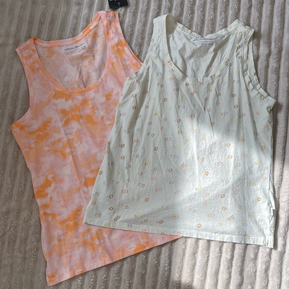 Two Eddie Bauer Peach/Cream Print Tank Tops